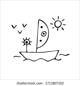  Imagen vectorial aislada en un fondo blanco. En estilo doodle. Velero y sol en el mar. Para viajes en barco de vacaciones y vacaciones. Temporada de verano. Recreación. Para pegatinas colorantes, diseño sobre viajes.