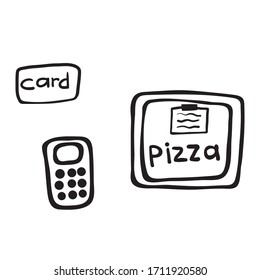 Vector image isolated on a white background. In doodle style. Pizza delivery and bank transfer by card. In quarantine mode COVID. For coloring books, stickers, decorating magazines and pizzerias.