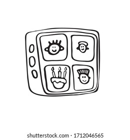 Vector image isolated on a white background. In doodle style. The mobile phone on which the conference is taking place. In quarantine mode, COVID communicates with family and friends at a distance.