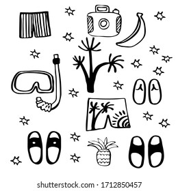 Vector image isolated on a white background. In doodle style. Hawaiian shorts and slippers, banana, camera, palm, pineapple, snorkel and diving mask. For coloring, stickers,  about travel and leisure.