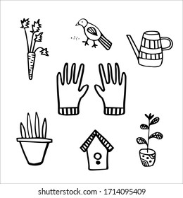 Vector image isolated on a white background. In doodle style. Seth cottage. Carrot, bird, watering can, gloves, potted plant, birdhouse. Coloring, stickers, garden products.