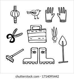 Vector image isolated on a white background. In doodle style. Seth cottage. Bulb plant, chair, scissors for bushes. Coloring, stickers, garden products.