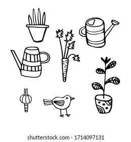 Vector image isolated on a white background. In doodle style. Seth cottage. Bird, Carrot, copper, watering can, flower in a pot. Coloring, stickers, garden products.