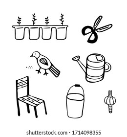 Vector image isolated on a white background. In doodle style. Seth cottage. Seedlings, poultry, stool, loaf, chopper, bucket. For coloring books, stickers, gardening products.