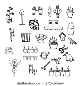 Vector image isolated on a white background. In doodle style. Seth cottage. Devices for gardening. Coloring, stickers, gardening goods., Sticker packs, for covers of notebooks and prints.
