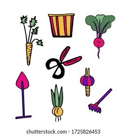Vector image isolated on a white background. In doodle style. Seth cottage. Carrots, scissors, shovel, chopper, bulb plant, radish, rake. Coloring, stickers, garden products.