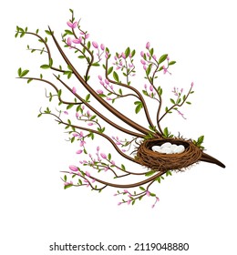 Vector image isolated on white background. A bird's nest in the branches of a bush or tree. Concept. EPS 10