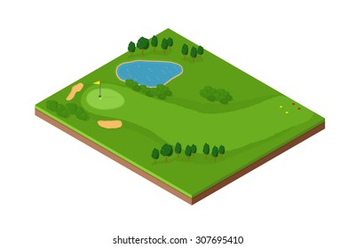 A Vector Image Of An Isometric Golf Hole With Putting Green, Bunker And Fairway. Isometric Golf Course Icon Illustration. Isometric Tile With Golf Green And Land Features,