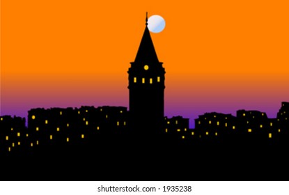 Vector image of Istanbul city scenery sunset with famous Galata tower