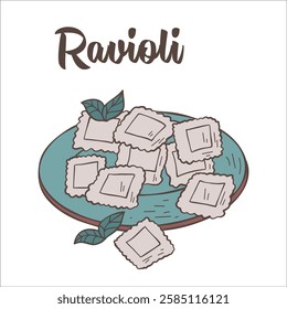 Vector image of the Italian dish ravioli. Outline of ravioli in a plate with basil. Italian cuisine. Great for posters, advertisements, banners, flyers and menus.