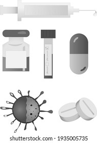 Imagen vectorial de los artículos relacionados con la medicina y la salud. Jeringa, pastillas, cápsula, frasco de medicina, tubo de ensayo, bacterias.