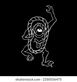 Vector image of a Japanese Bakezori demon. An old straw slipper with an eye. White on black. Yokai, Japanese folklore, legends, monsters, Halloween. Eps10