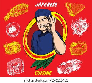 Vector image of japanese chef which give okay sign with sushi set around him