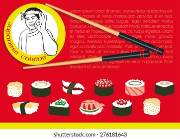 Vector image of japanese chef which give okay sign with sushi set