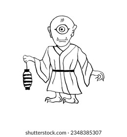 Vector image of the Japanese demon Hitotsume-kozo. A one-eyed little spirit boy with a lantern. Black on white. Yokai, Japanese folklore, mythology, legends, monsters, Halloween. Eps10