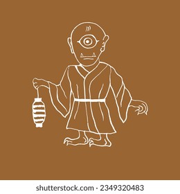 Vector image of the Japanese demon Hitotsume-kozo. One-eyed spirit boy with a lantern. White on beige. Yokai, Japanese folklore, mythology, legends, monsters, Halloween. Eps10