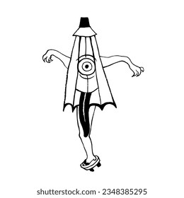 Vector image of Japanese demon Kasa-obake. An old one-legged umbrella with a long tongue. Black on white. Yokai, Japanese folklore, traditions, monsters, Halloween. Eps10