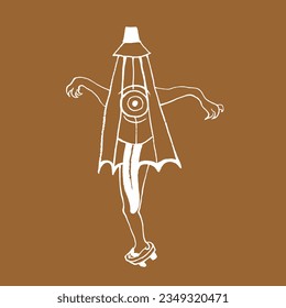 Vector image of Japanese demon Kasa-obake. An old umbrella with a long tongue on one leg. White on beige. Yokai, Japanese folklore, fairy tales, monsters, Halloween. Eps10