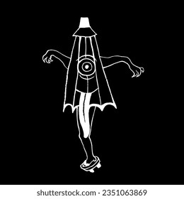 Vector image of Japanese demon Kasa-obake. An old umbrella with a long tongue, one leg and an eye. White on black. Yokai, Japanese folklore, mythology, monsters, Halloween. Eps10