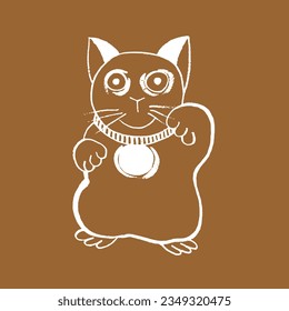 Vector image of the Japanese demon Maneki-neko. Lucky cat. White on beige. Yokai, Japanese folklore, myths, legends, fairy tales, Halloween. Eps10