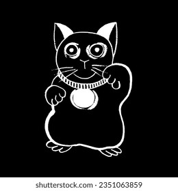 Vector image of the Japanese demon Maneki-neko. Happy cat. White on black. Yokai, Japanese folklore, myths, legends, fairy tales, Halloween. Eps10