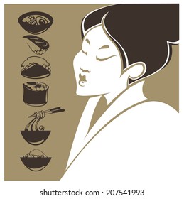 vector image of Japanese girl with traditional food