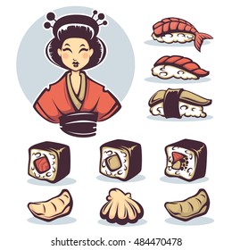 vector image of Japanese girl with traditional food, cartoon collection