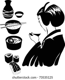 vector image of Japanese girl with traditional food