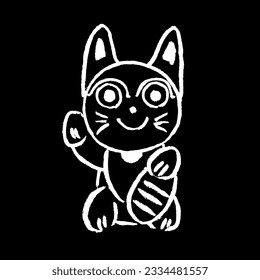 Vector image of japanese happy cat maneki neko on a black background in the technique of ink.Eps10