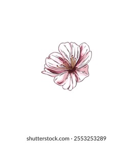 Uma imagem vetorial de uma flor de sakura japonesa com pétalas cor-de-rosa é isolada sobre um fundo branco. Desenhado à mão, perfeito para design de mola ou decoração de estilo asiático