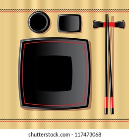 vector image of japanese tableware on a bamboo tablecloth