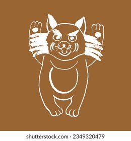 Vector image of a Japanese tanuki demon. Spirit raccoon. White on beige. Yokai, Japanese folklore, traditions, myths, legends, fairy tales, monsters, Halloween. Eps10