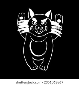 Vector image of a Japanese tanuki demon. Spirit raccoon. White on black. Yokai, Japanese folklore, myths, legends, fairy tales, monsters, Halloween. Eps10