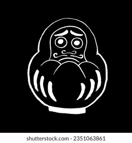 Vector image of a Japanese traditional Daruma doll. Bodhitharma. White on black. Yokai, Japanese folklore, myths, legends, fairy tales, culture, Halloween. Eps10