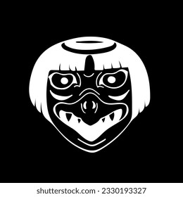 Vector image of an Japanese traditional theater Noh mask Karura bird on black background. Eps10	
