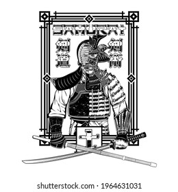 Vector image of a Japanese warrior in armor and with a sword. Hieroglyphs: Ken Jitsu - Art of a sword and Ken Do - Way of a sword. Vector illustrations for t shirt print. Oriental tattoo.
