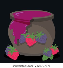 Vector image of a jar of raspberry jam. Blackberries and raspberries and krynka with a delicacy of berries.