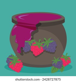 Vector image of a jar of raspberry jam. Blackberries and raspberries and krynka with a delicacy of berries.