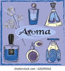 Vector image of jars with perfume in blue colors. Aroma