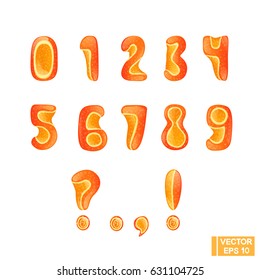 Vector Image. The jelly fruit alphabet. Sweet orange numbers. Edible signs