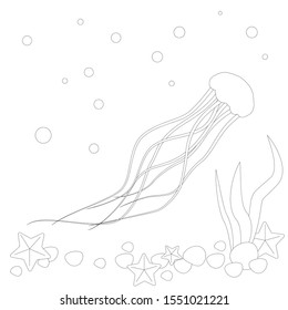 Vector image of jellyfish on the seabed in lines, eps