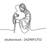 Vector image of Jesus hugging human silhouette, in linear style.