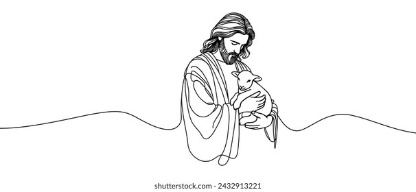 Vector image of Jesus with a lamb in his arms.