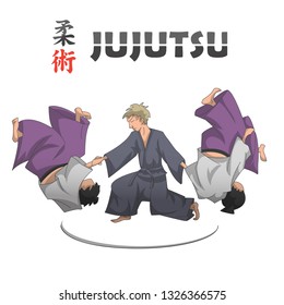 Vector image of jiu jitsu fighter and inscription hieroglyphs. Hieroglyphs - Ju-jitsu. Illustrations for t shirt print.