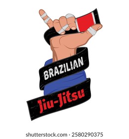 Vector image of a jiu-jitsu fighter's hand. Shaka. Black belt. Traditional Brazilian martial art. Champion of combat. Color illustration for t shirt print. Tournament winner.