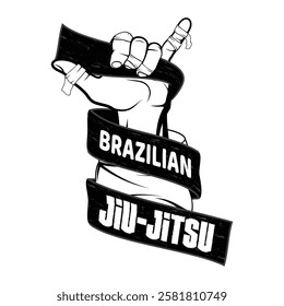 Vector image of a jiu-jitsu fighter's hand. Shaka. Black belt. Traditional Brazilian martial art. Champion of combat. Illustration for t shirt print. Tournament winner.