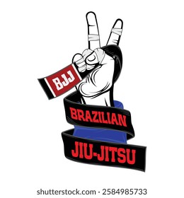 Vector image of a jiu-jitsu fighter's hand. Black belt is a symbol of victory. Traditional Brazilian martial art. Champion of combat. Illustrations for t shirt print. Tournament winner.