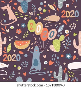 Vector image of a joyful rat with balls that says "2020" surrounded by other rats, cheese, flowers and hearts.