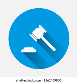 Vector image of a judge gavel court hammer. Vector icon of a hammer of justice on blue background. Flat image auction vector illustration with long shadow. Layers grouped for easy editing illustration