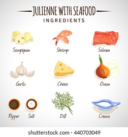 Vector image. Julienne with seafood. Ingredients